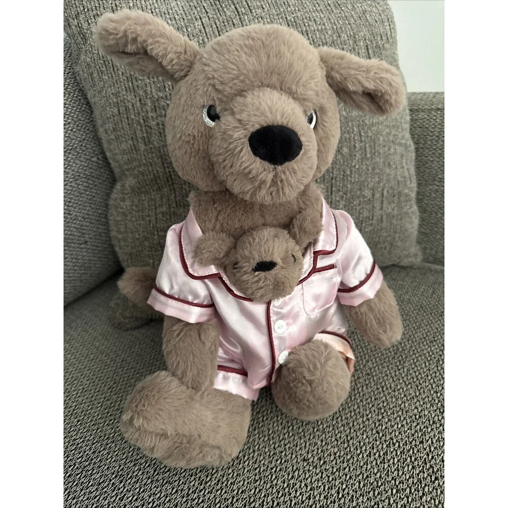 Plush Kangaroo Stuffed Animal Pink Satin Pajamas Holding Baby Joey Plush Toy